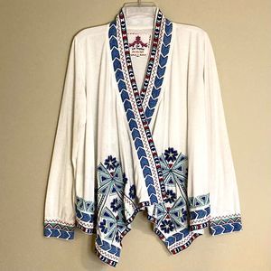 Johnny Was Floral Embroidered Open Draped Waterfall Knit Cardigan White Size M